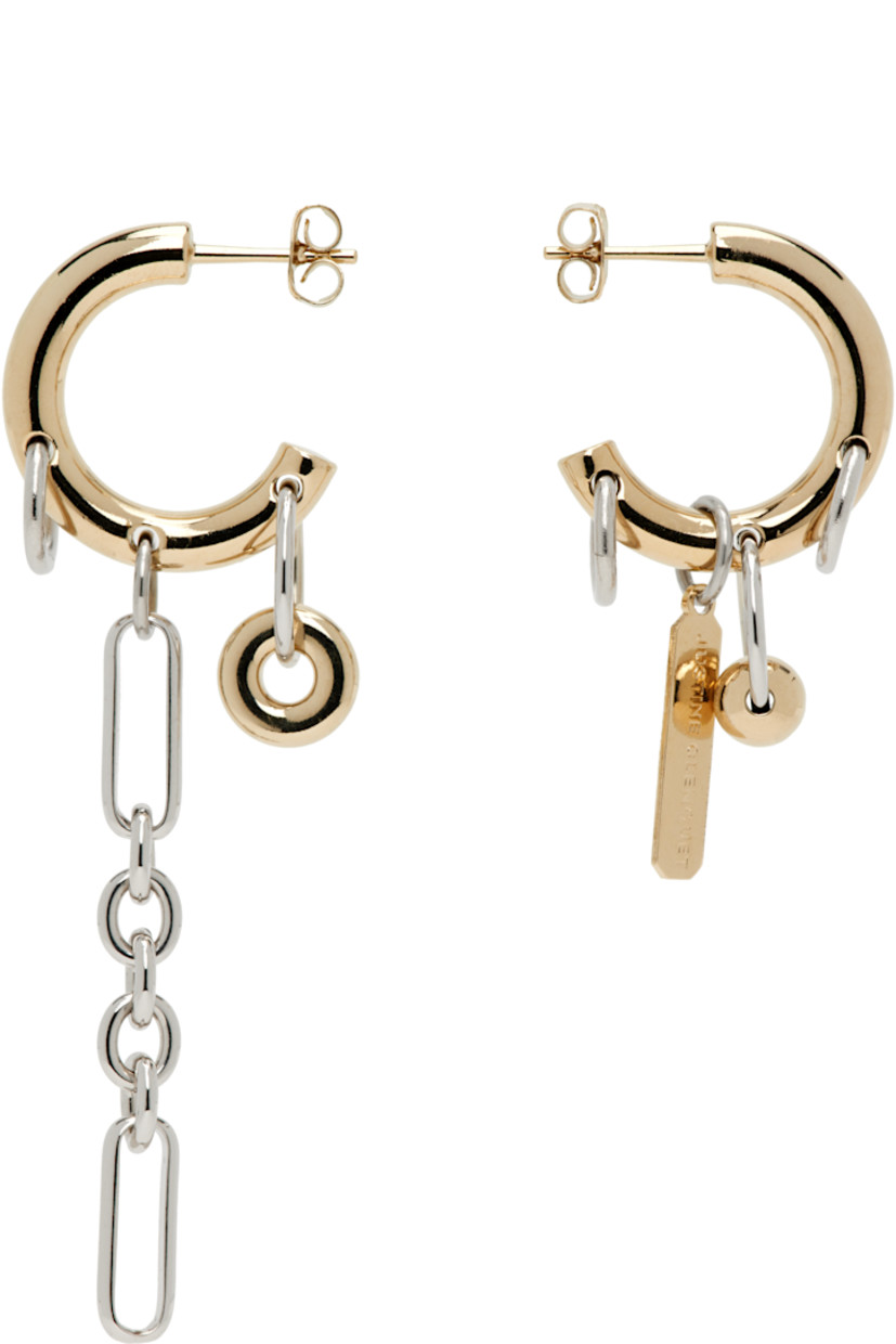 Pair of handcrafted mismatched open hoop earrings in 24k gold- and palladium-plated brass.

· Charms and logo plaque at single drop
· Charms and cable chain at single drop
· Post-stud fastening
· H2.75" x W0.75"; H1.5" x W0.75"

Supplier color: Gold/Palladium
