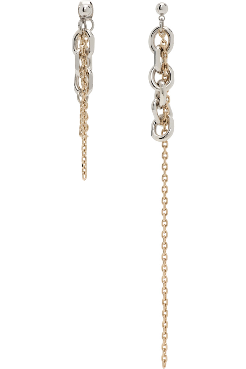 Pair of handcrafted mismatched drop earrings in palladium- and 24k yellow gold-plated brass.

· Cable chain detailing at drop
· Post-stud fastening
· H4.5" x W0.5"; H2" x D0.5"

Supplier color: Silver/Gold