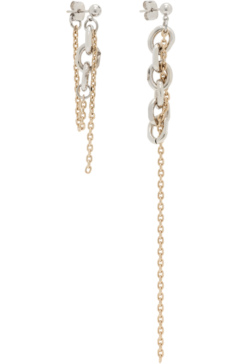 Pair of handcrafted mismatched drop earrings in palladium- and 24k yellow gold-plated brass.

· Cable chain detailing at drop
· Post-stud fastening
· H4.5" x W0.5"; H2" x D0.5"

Supplier color: Silver/Gold