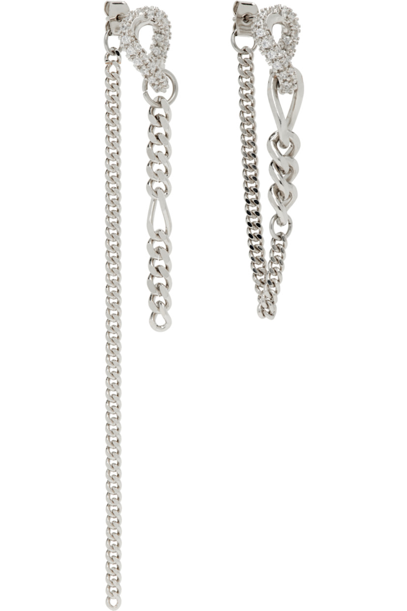 Pair of handcrafted mismatched drop earrings palladium-plated brass.

· Crystals at face
· Curb chain at drop 
· Post-stud fastening 
· H4" x W0.5"; H1.5" x W0.5"

Supplier color: Palladium