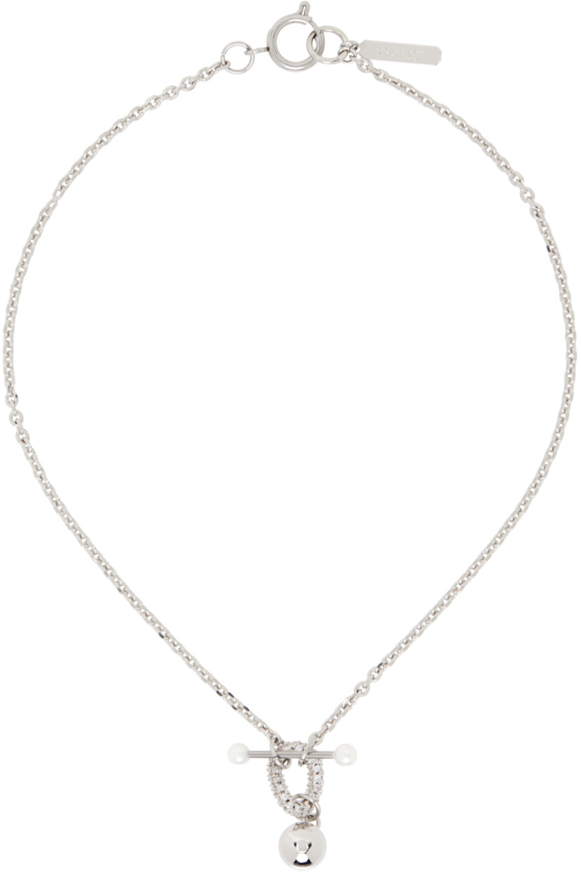 Handcrafted cable chain choker in palladium-plated brass.

�· Pendant with crystals and faux-pearls at drop
· Logo plaque at spring-ring fastening
· L14.5"

Supplier color: Palladium