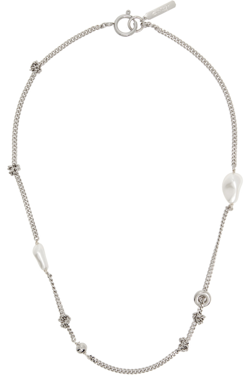 Handcrafted curb chain necklace in palladium-plated brass.

· Knotted detailing, crystal pearls, and charms at length
· Logo plaque at spring-ring fastening 
· L18.5"

Supplier color: Palladium