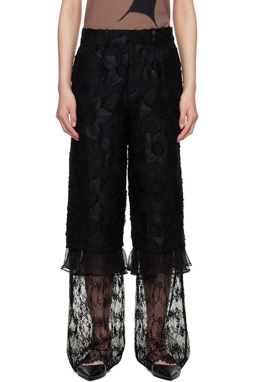 Relaxed-fit woven cotton-blend trousers. Floral fil-coupé pattern throughout.

· Paneled construction
· Mid-rise
· Belt loops
· Four-pocket styling
· Zip fly
· Pleats at front
· Ruffled trim at knees
· Sheer embroidered lace panel at lower legs

Supplier color: Black