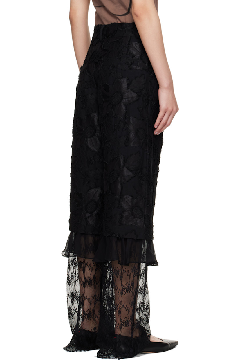 Relaxed-fit woven cotton-blend trousers. Floral fil-coupé pattern throughout.

· Paneled construction
· Mid-rise
· Belt loops
· Four-pocket styling
· Zip fly
· Pleats at front
· Ruffled trim at knees
· Sheer embroidered lace panel at lower legs

Supplier color: Black