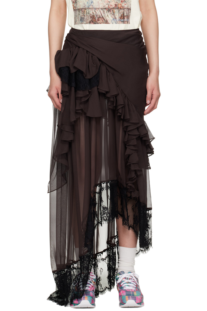 Sheer silk crêpe maxi skirt. Ruffles and embroidered lace trim throughout.

· Tiered asymmetrical construction
· Zip closure at side seam

Supplier color: Earth