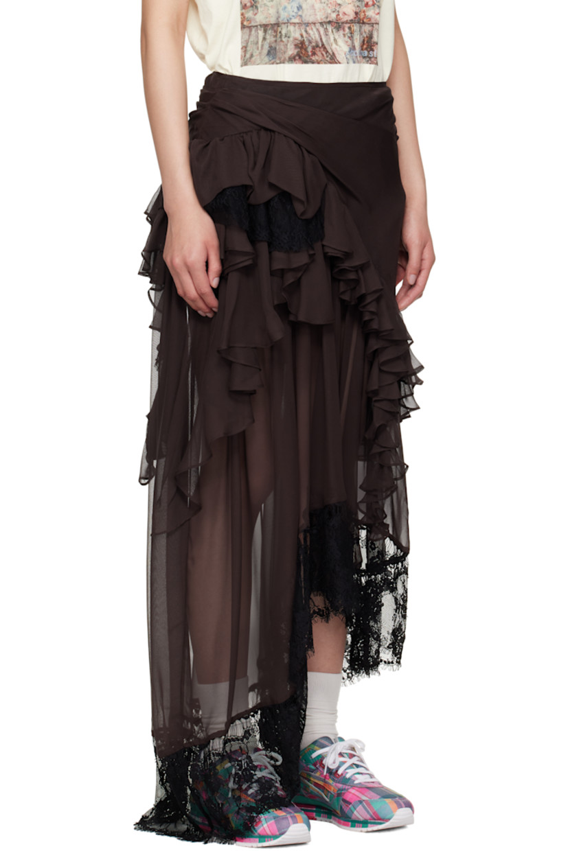 Sheer silk crêpe maxi skirt. Ruffles and embroidered lace trim throughout.

· Tiered asymmetrical construction
· Zip closure at side seam

Supplier color: Earth