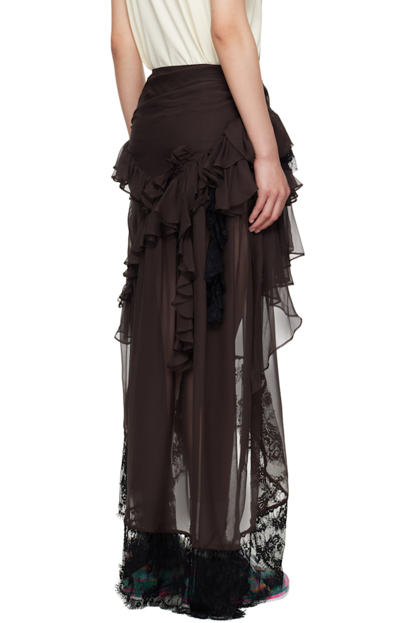 Sheer silk crêpe maxi skirt. Ruffles and embroidered lace trim throughout.

· Tiered asymmetrical construction
· Zip closure at side seam

Supplier color: Earth