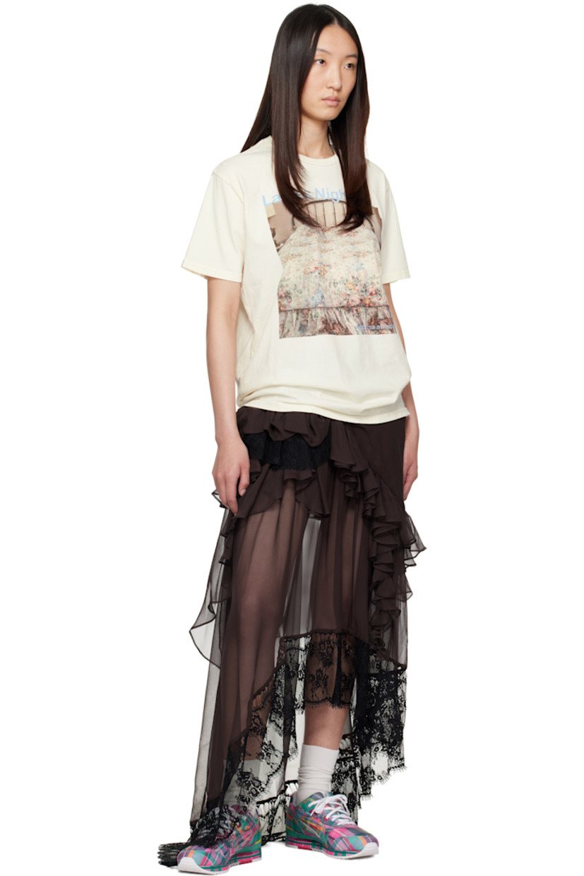 Sheer silk crêpe maxi skirt. Ruffles and embroidered lace trim throughout.

· Tiered asymmetrical construction
· Zip closure at side seam

Supplier color: Earth