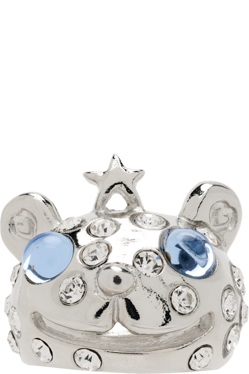 Ring in silver-tone recycled pewter. Graphic and bezel-set deadstock Swarovski crystals at face.

Supplier color: Silver/Sky freckles