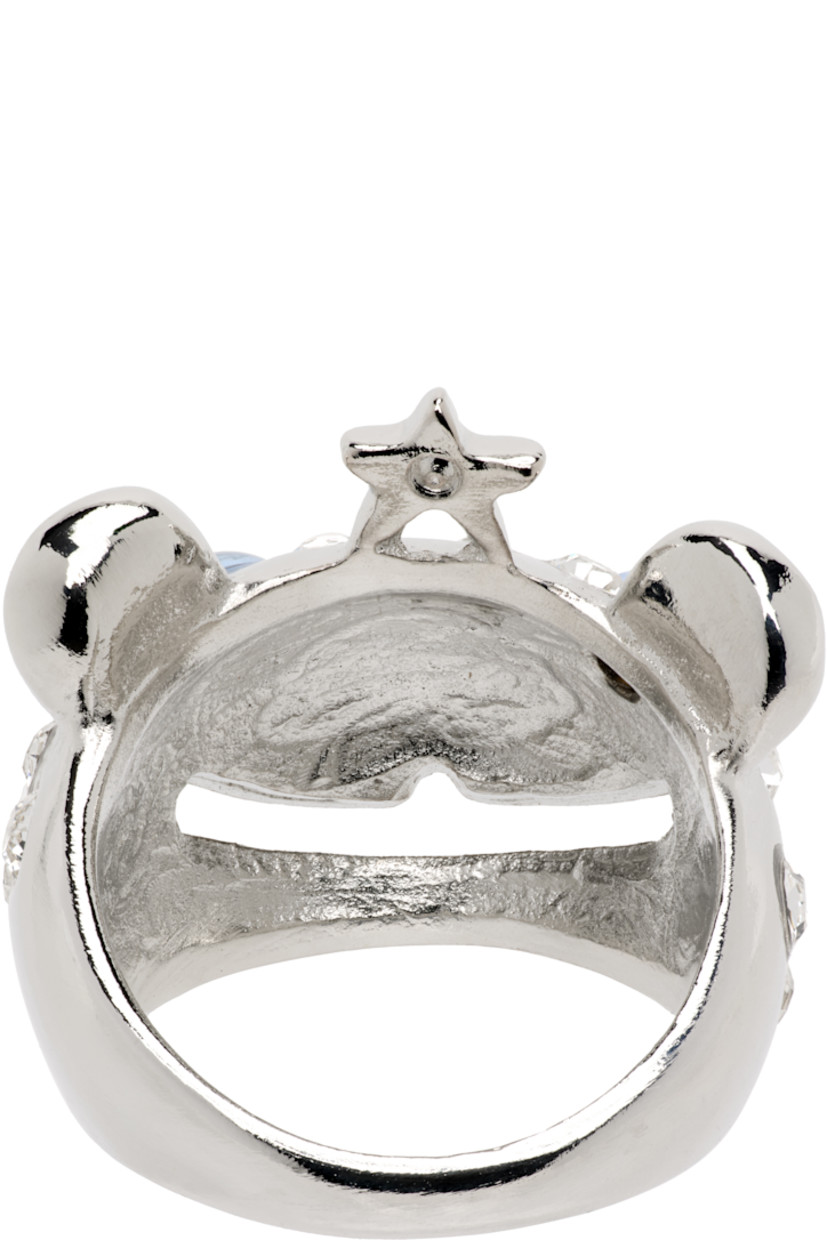 Ring in silver-tone recycled pewter. Graphic and bezel-set deadstock Swarovski crystals at face.

Supplier color: Silver/Sky freckles