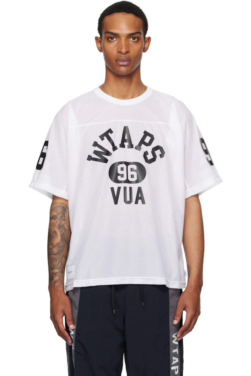 Mesh top.

· Rib-knit crewneck
· Logo printed at front
· Text printed at front, sleeves, and back
· Logo patch at front
· Logo flag at side seam
· Yoke sleeves

Supplier color: White