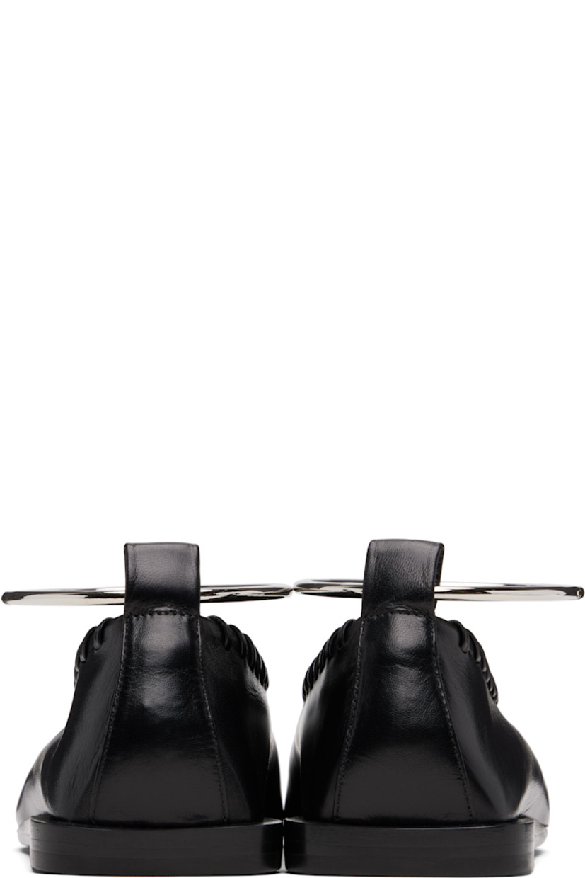 Grained goatskin ballerina flats.

· Square toe 
· Leather stitching at vamp and collar 
· Hinged metal ankle cuff
· Stacked leather midsole 
· Leather sole with rubber injections

Supplier color: Black/Silver