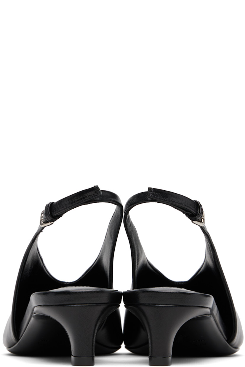 Grained calfskin heels. 

· Pointed toe 
· Stitch at vamp
· Pin-buckle slingback strap
· Covered kitten heel
· Leather sole with rubber injections
· Heel: H1.5"

Supplier color: Black