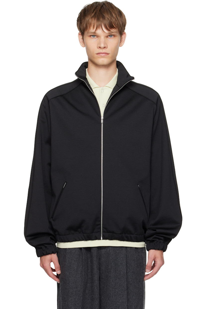 Cotton-blend bonded jersey sweatshirt.

· Stand collar
·� Zip closure
· Zip pockets at front
· Elasticized hem and cuffs
· Piping at saddle shoulders
· Full satin lining

Supplier color: Black