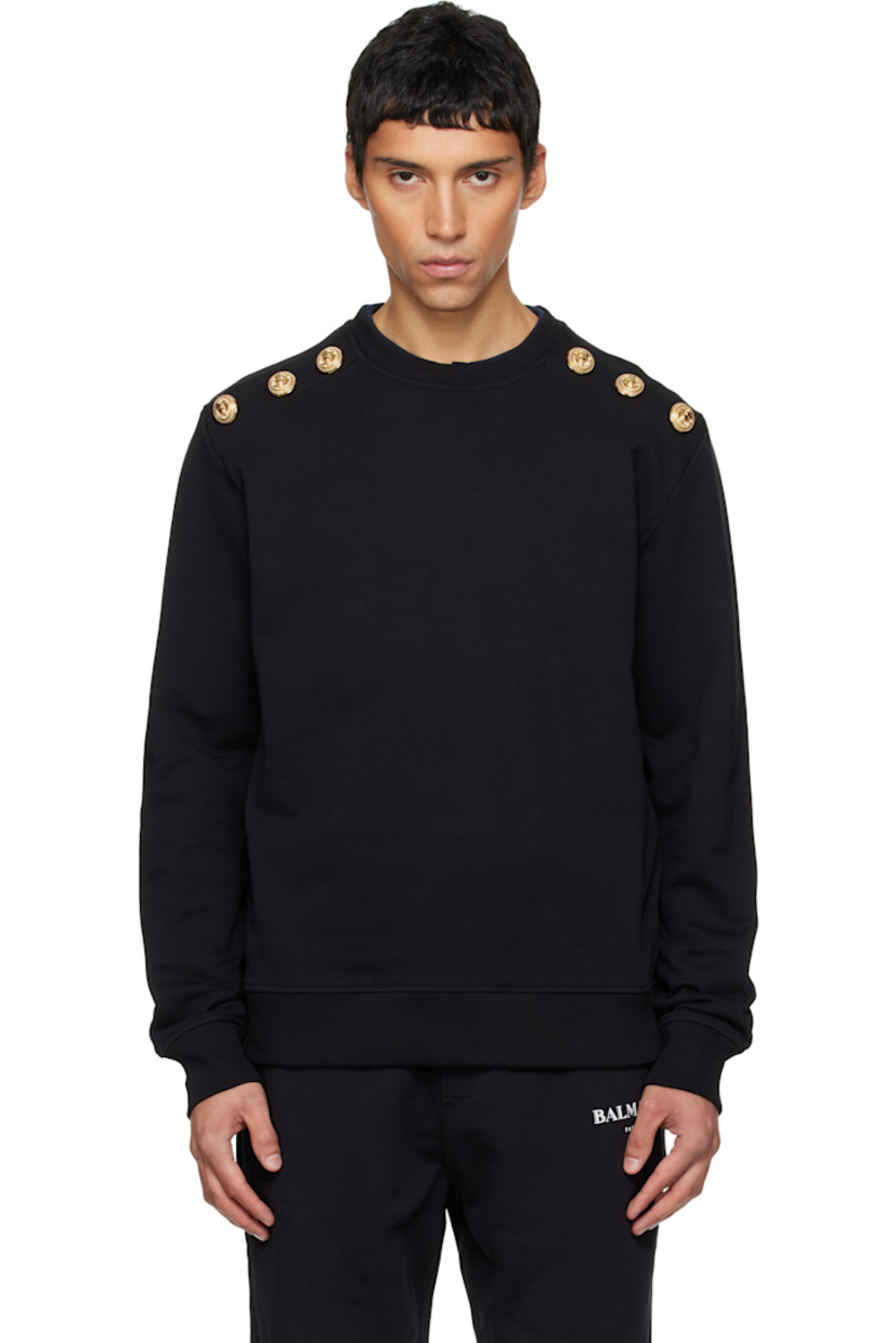 French terry sweatshirt.

· Rib-knit crewneck, hem, and cuffs
· Logo-engraved graphic hardware at shoulders
· Dropped shoulders
· Gold-tone hardware

Supplier color: Black