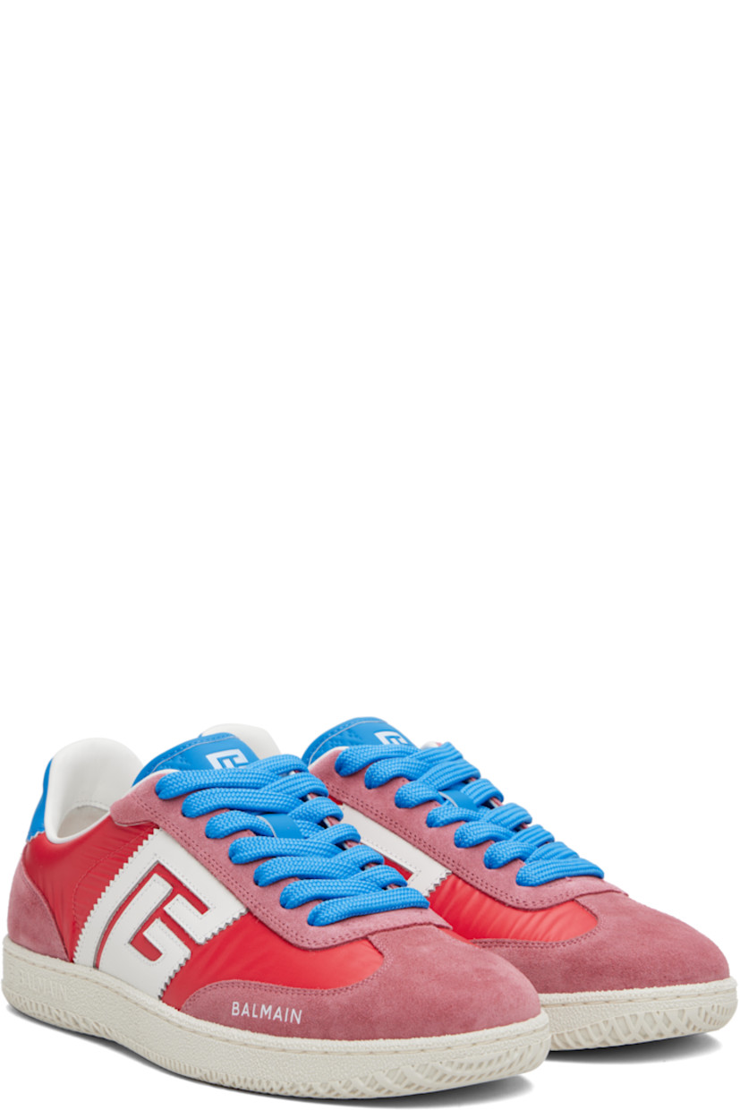 Low-top calfskin suede, taffeta, and buffed calfskin sneakers.

· Serrated edges throughout
· Lace-up closure
· Logo embossed at padded tongue
· Padded collar
· Logo patch at sides
· Logo stamp at outer side and heel tab
· Buffed leather lining
· Treaded rubber sole

Supplier color: Red