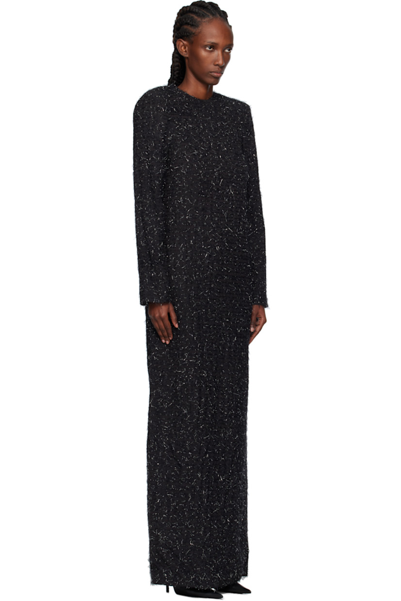 Plain-woven maxi dress.

· Metallic thread and embroidered detailing throughout
· Round neck
· Padded shoulders
· Zip closure at back
· Central vent at back hem
· Full satin lining

Supplier color: Bk