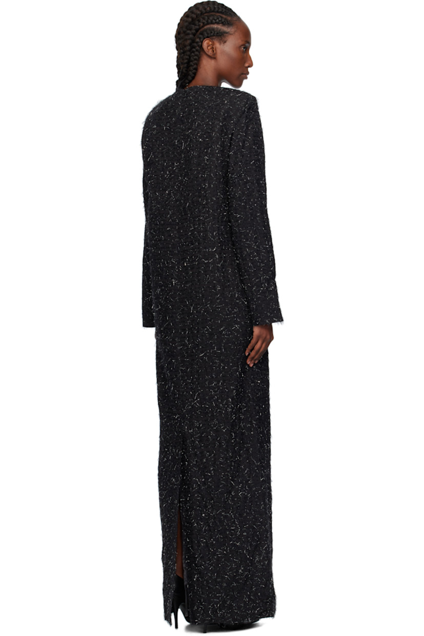 Plain-woven maxi dress.

· Metallic thread and embroidered detailing throughout
· Round neck
· Padded shoulders
· Zip closure at back
· Central vent at back hem
· Full satin lining

Supplier color: Bk