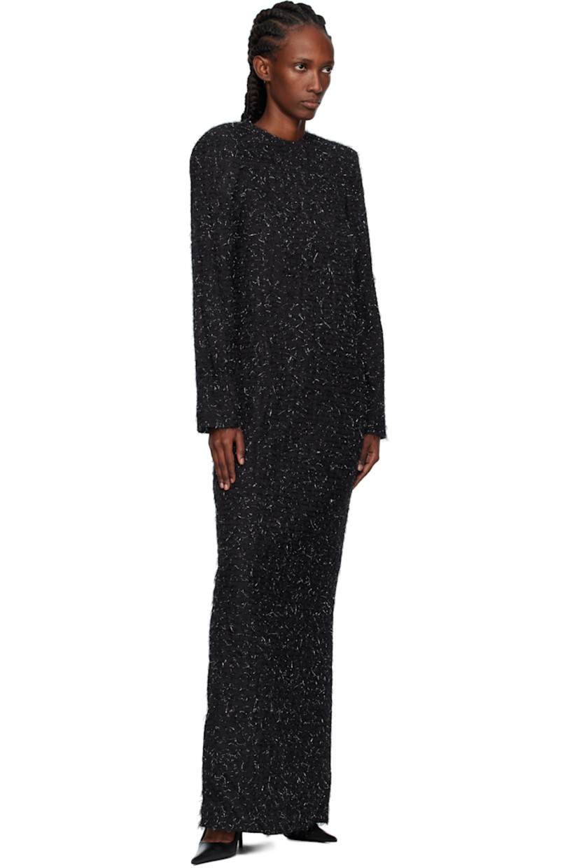 Plain-woven maxi dress.

· Metallic thread and embroidered detailing throughout
· Round neck
· Padded shoulders
· Zip closure at back
· Central vent at back hem
· Full satin lining

Supplier color: Bk