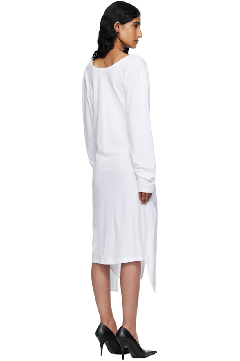Cotton poplin and jersey midi dress.

· Paneled construction
· Square neck
· Spread collar for alternate styling
· Button closure
· Printed text and patch pocket at chest
· Self-tie fastening at waist
· Seam pockets
· Shirttail hem
· Dropped shoulders

Supplier color: White