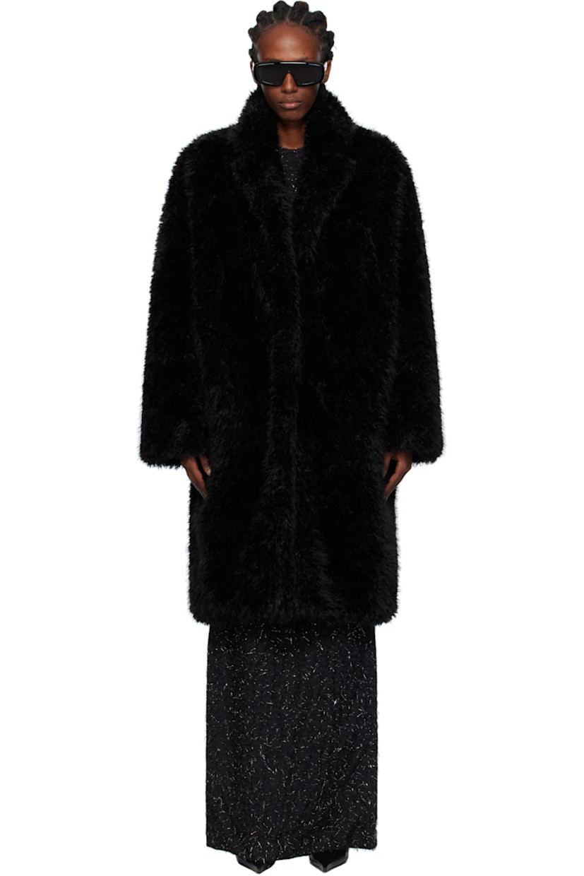Faux-fur coat.

· Notched lapel
· Open front
· Welt pockets at front

Supplier color: Bk