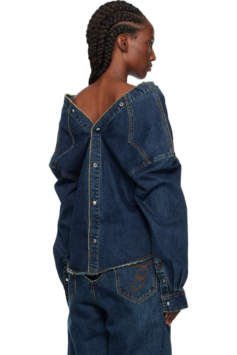 Non-stretch denim top.

· Fading throughout
· Strap with bow at boatneck
· Frayed edge at collar and hem
· Press-stud closure
· Patch pockets at chest
· Press-stud barrel cuffs
· Contrast stitching in tan

Supplier color: Dbl