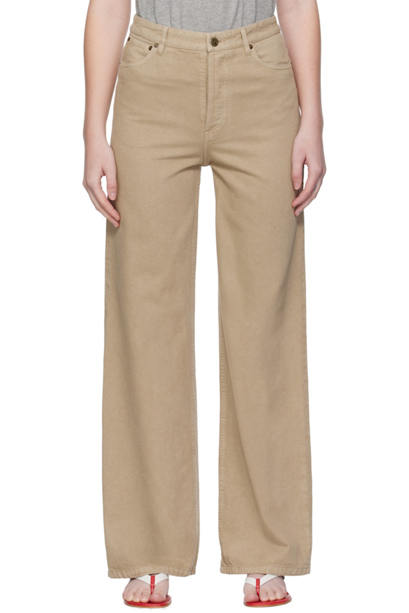 Non-stretch organic cotton denim jeans.

· Wide, straight-leg
· High-rise
· Belt loops
· Five-pocket styling
· Button fly

Supplier color: Beige