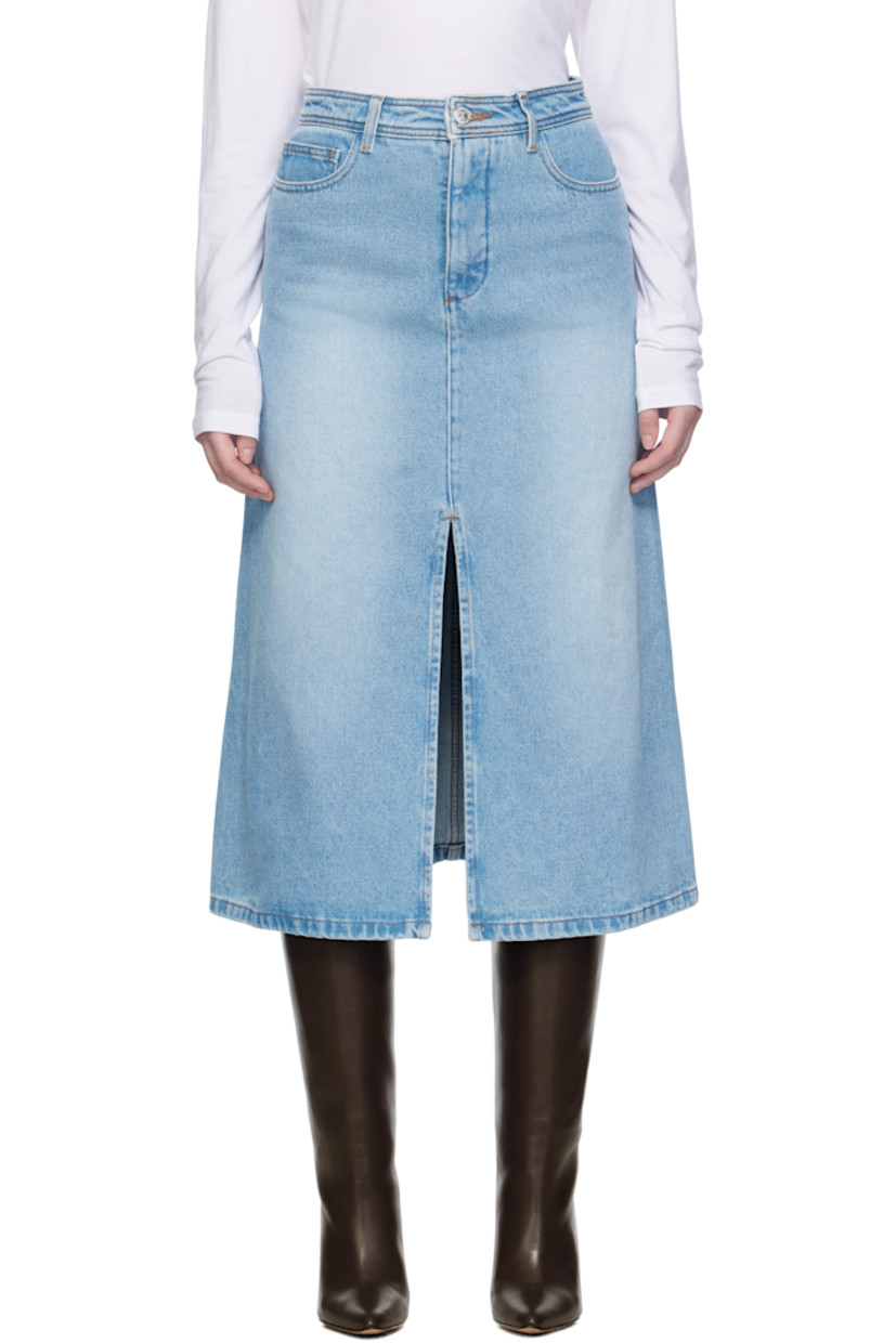 Stonewashed non-stretch denim midi skirt.

· Fading throughout
· Mid-rise
· Belt loops
· Five-pocket styling
· Zip fly
· Vent at front hem
· Contrast stitching in tan

Supplier color: Bleu clair