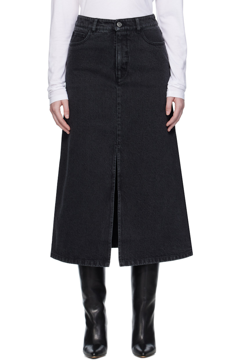 Stonewashed non-stretch denim midi skirt.

· Fading throughout
· Mid-rise
· Belt loops
· Five-pocket styling
· Zip fly
· Vent at front hem

Supplier color: Noir delave