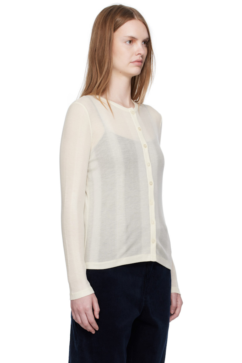 Lightweight rib-knit lyocell cardigan.

· Semi-sheer stripes throughout
· Round neck
· Button closure

Supplier color: Ecru