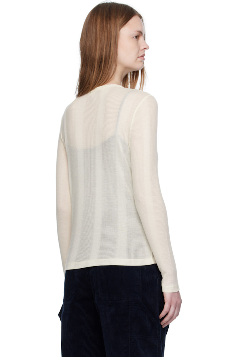 Lightweight rib-knit lyocell cardigan.

· Semi-sheer stripes throughout
· Round neck
· Button closure

Supplier color: Ecru