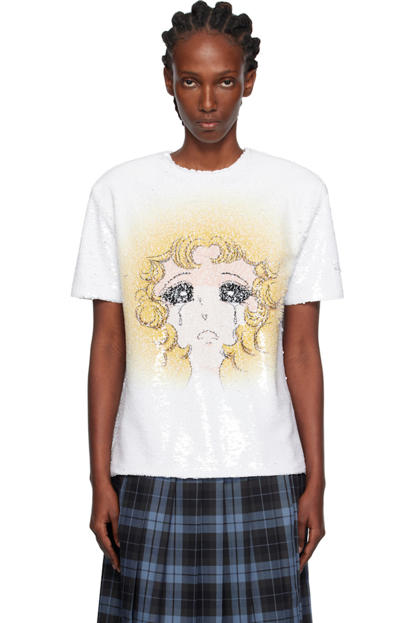 Sequinned mesh T-shirt.

· Crewneck
· Graphic printed at front
· Zip closure at back
· Full organza lining

Supplier color: Wh