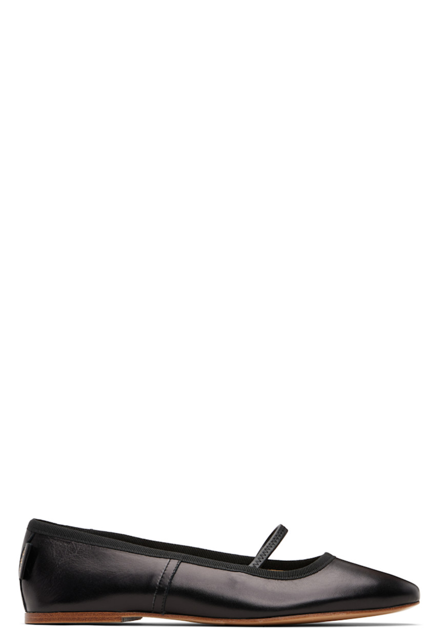 Buffed sheepskin ballerina flats.

· Elasticized strap at vamp
· Grosgrain trim at collar
· Topstitching at sides
· Leather logo flag at heel counter
· Twill lining
· Leather sole

Supplier color: Black