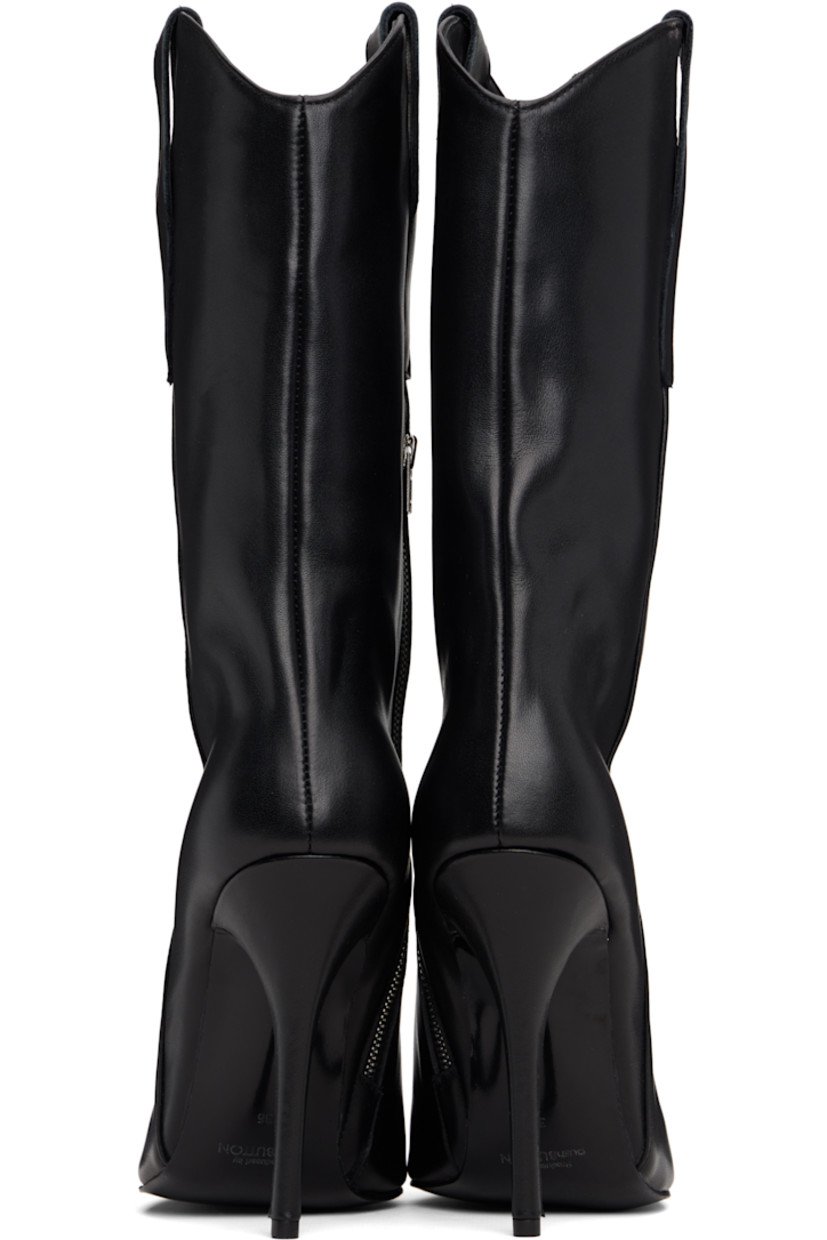 Mid-calf buffed leather boots. 

· Pointed toe 
· Pull-loops at collar 
· Zip closure at inner side
· Covered stiletto heel with rubber injection
· Leather sole 
· Heel: H4.5"

Supplier color: Black