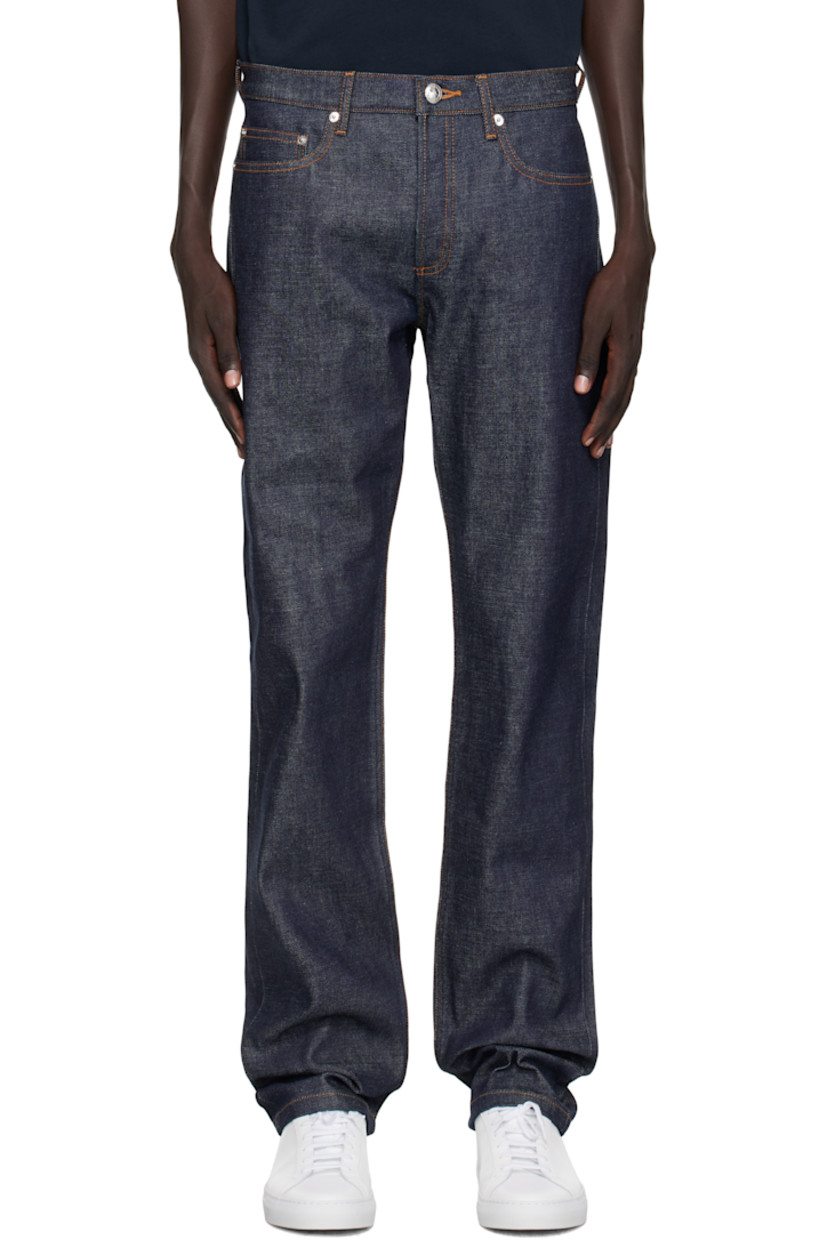 Non-stretch denim jeans.

· Fading throughout
· Straight-leg
· Mid-rise
· Belt loops
· Five-pocket styling
· Button fly
· Logo-engraved silver-tone hardware
· Contrast stitching in tan

Supplier color: Indigo