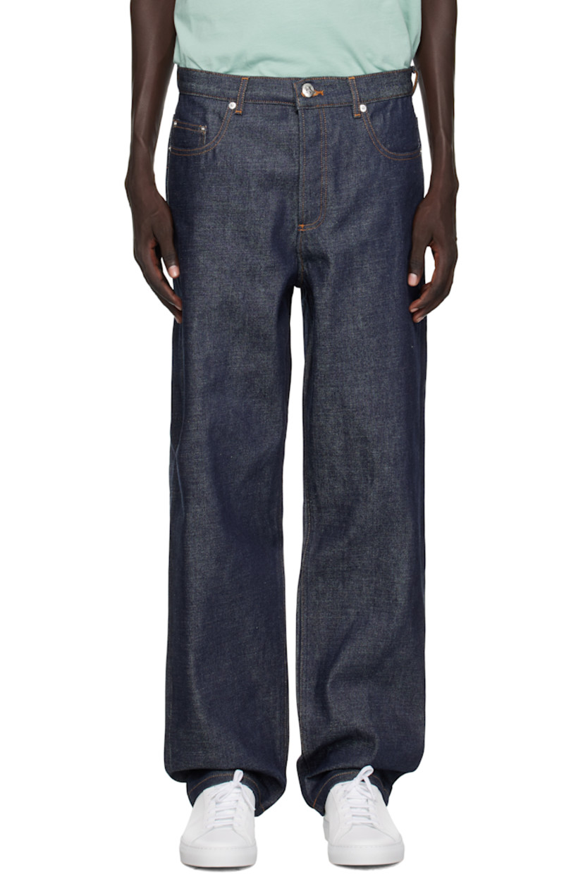 Non-stretch denim jeans.

· Fading throughout
· Wide-leg
· Low rise
· Belt loops
· Five-pocket styling
· Button fly
· Logo-engraved silver-tone hardware
· Contrast stitching in tan

Supplier color: Indigo