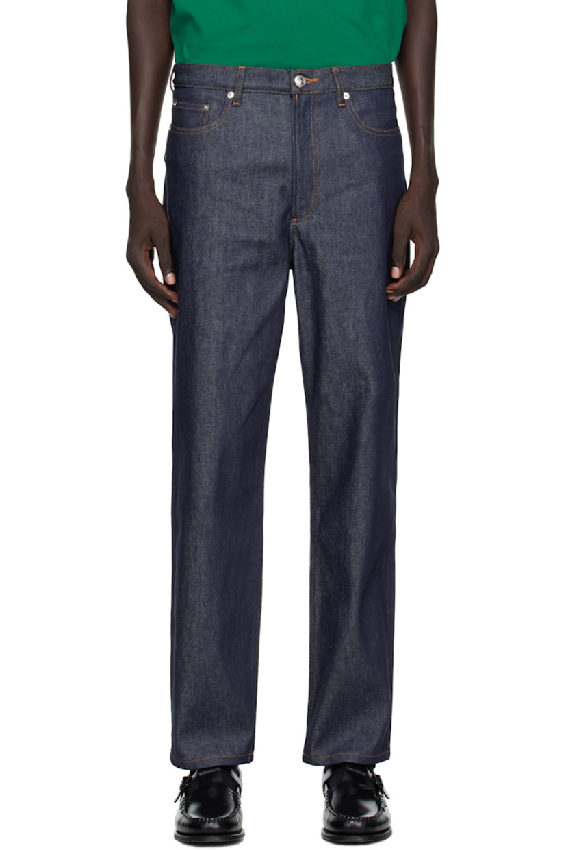 Stretch denim jeans.

· Fading throughout
· Straight-leg
· High-rise
· Belt loops
· Five-pocket styling
· Zip fly
· Logo-engraved silver-tone hardware
· Contrast stitching in tan

Supplier color: Indigo