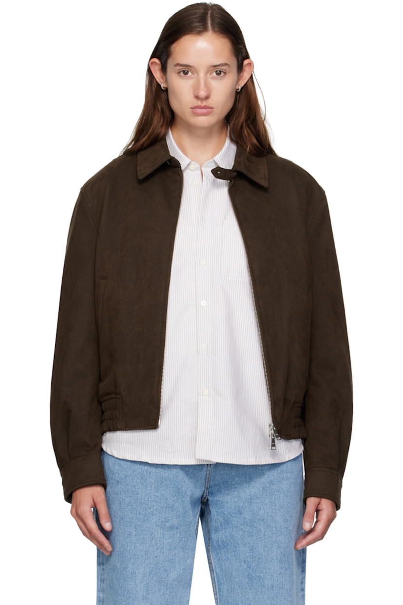 Insulated faux-suede jacket. 

· Button tab at spread collar 
· Two-way zip closure
· Welt pockets at waist 
· Elasticized hem 
· Buttoned barrel cuffs
· Welt pocket at interior 
· Full quilted satin lining 

Supplier color: Dark brown
