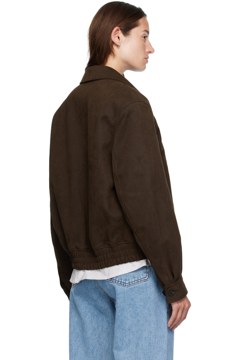 Insulated faux-suede jacket. 

· Button tab at spread collar 
· Two-way zip closure
· Welt pockets at waist 
· Elasticized hem 
· Buttoned barrel cuffs
· Welt pocket at interior 
· Full quilted satin lining 

Supplier color: Dark brown