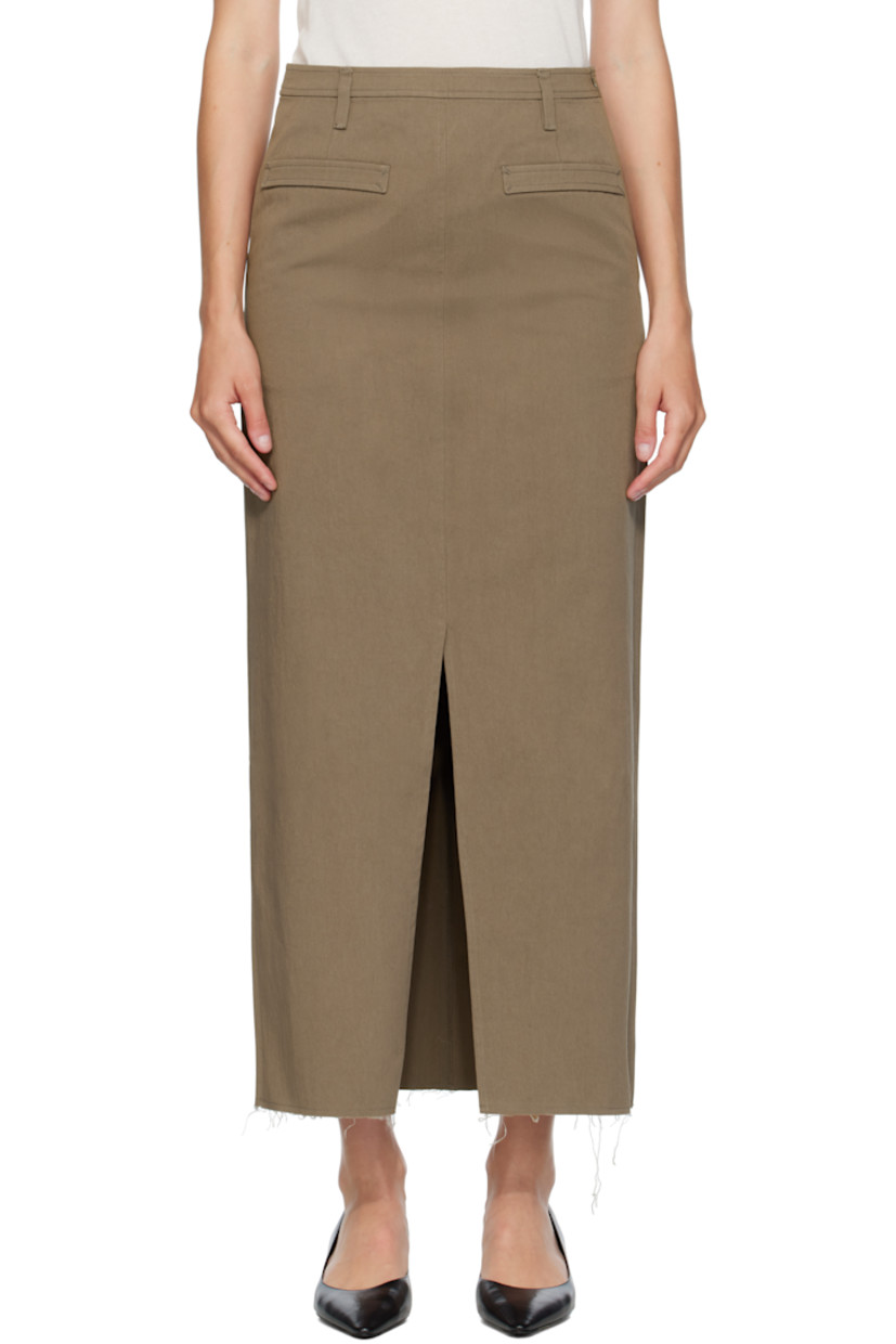 Cotton-blend twill midi skirt. 

· Belt loops
· Darts at front and back waist 
· Central seam at front and back
· Frayed edges at hem 
· Zip fly at side seam
· Mock welt pockets at back 
· Central vent at back hem 

Supplier color: Khaki green