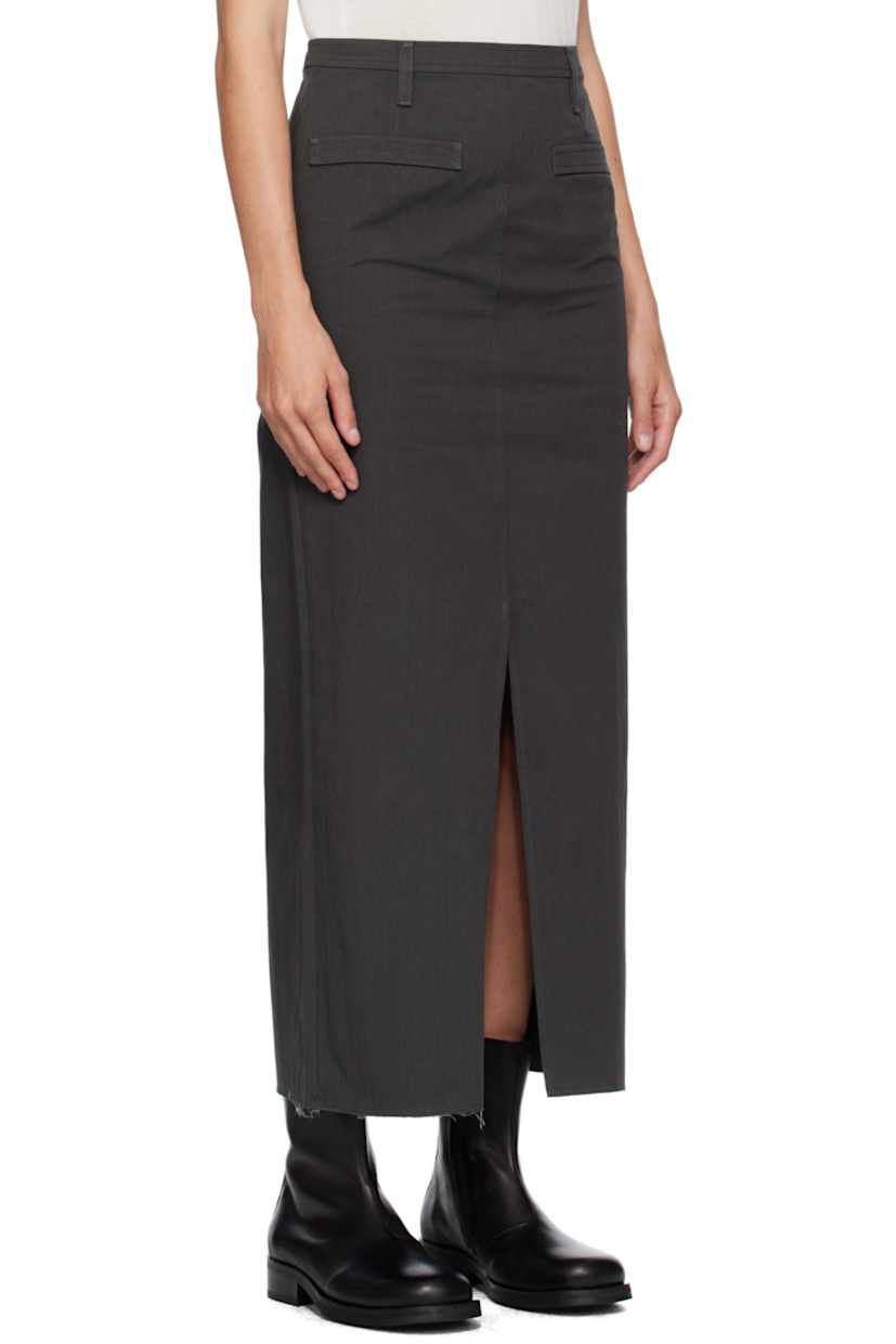 Cotton-blend twill midi skirt. 

· Belt loops
· Darts at front and back waist 
· Central seam at front and back
· Frayed edges at hem 
· Zip fly at side seam
· Mock welt pockets at back 
· Central vent at back hem 

Supplier color: Olive charcoal