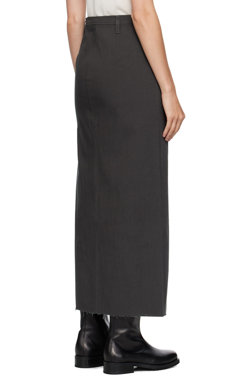 Cotton-blend twill midi skirt. 

· Belt loops
· Darts at front and back waist 
· Central seam at front and back
· Frayed edges at hem 
· Zip fly at side seam
· Mock welt pockets at back 
· Central vent at back hem 

Supplier color: Olive charcoal