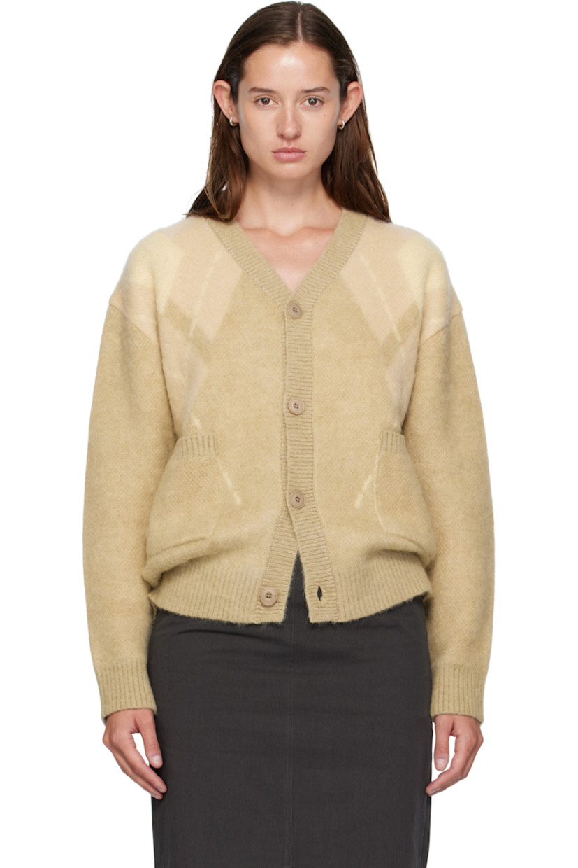 Brushed knit nylon- and wool-blend cardigan. 

· Intarsia argyle pattern throughout 
· Rib-knit Y-neck, hem, and cuffs
· Button closure
· Patch pockets at front 
· Dropped shoulders 

Supplier color: Yellow