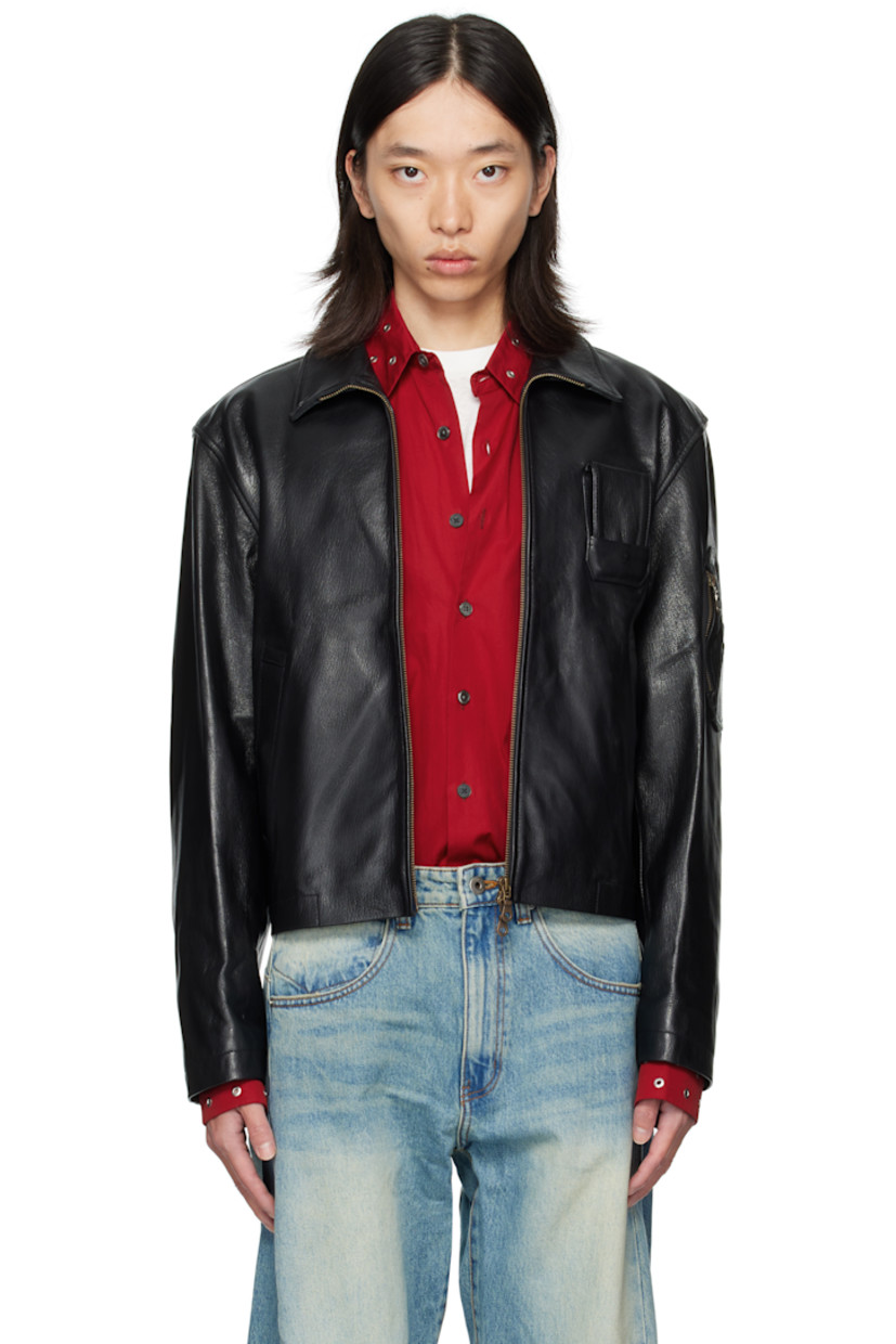 Grained goatskin jacket. 

· Spread collar 
· Two-way zip closure
· Flap pocket at chest
· Welt pockets at waist 
· Partially elasticized hem 
· Utility pocket and pen slots at sleeve
· Welt pocket at interior 
· Full satin lining 

Supplier color: Black