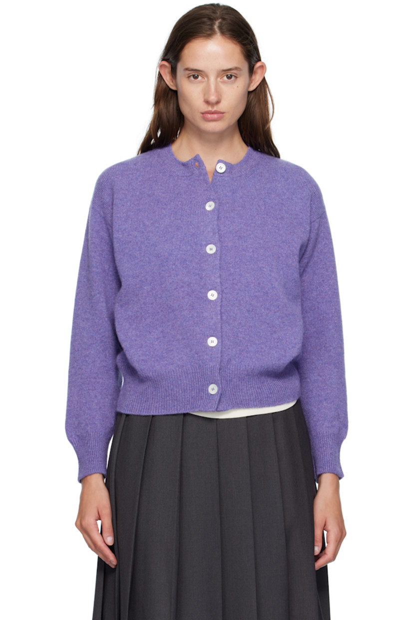 Knit lambswool cardigan.

· Fully fashioned construction
· Rib-knit crewneck, hem, and cuffs
· Button closure
· Dropped shoulders
· Trochus shell hardware

Supplier color: Heather