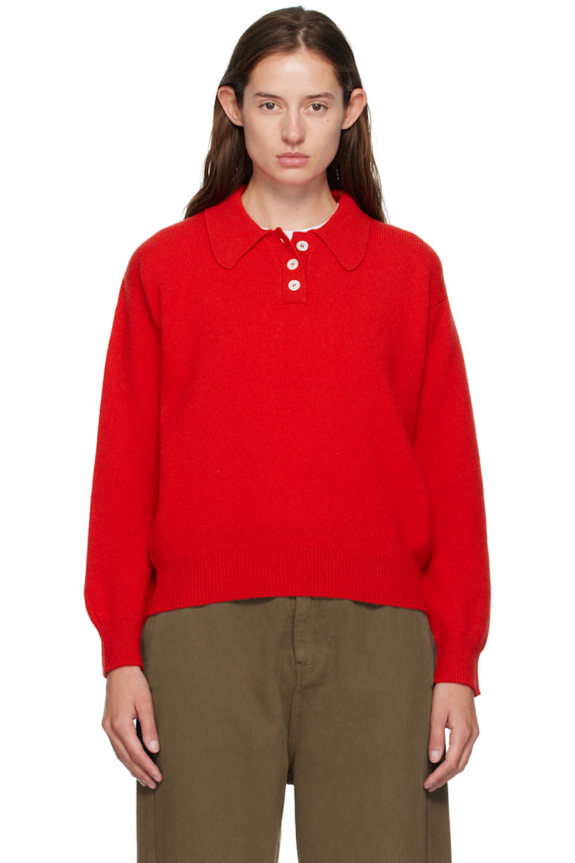 Knit lambswool polo.

· Fully fashioned construction
· Rib-knit spread collar, hem, and cuffs
· Three-button placket
· Dropped shoulders
· Trochus shell hardware

Supplier color: Poppy red