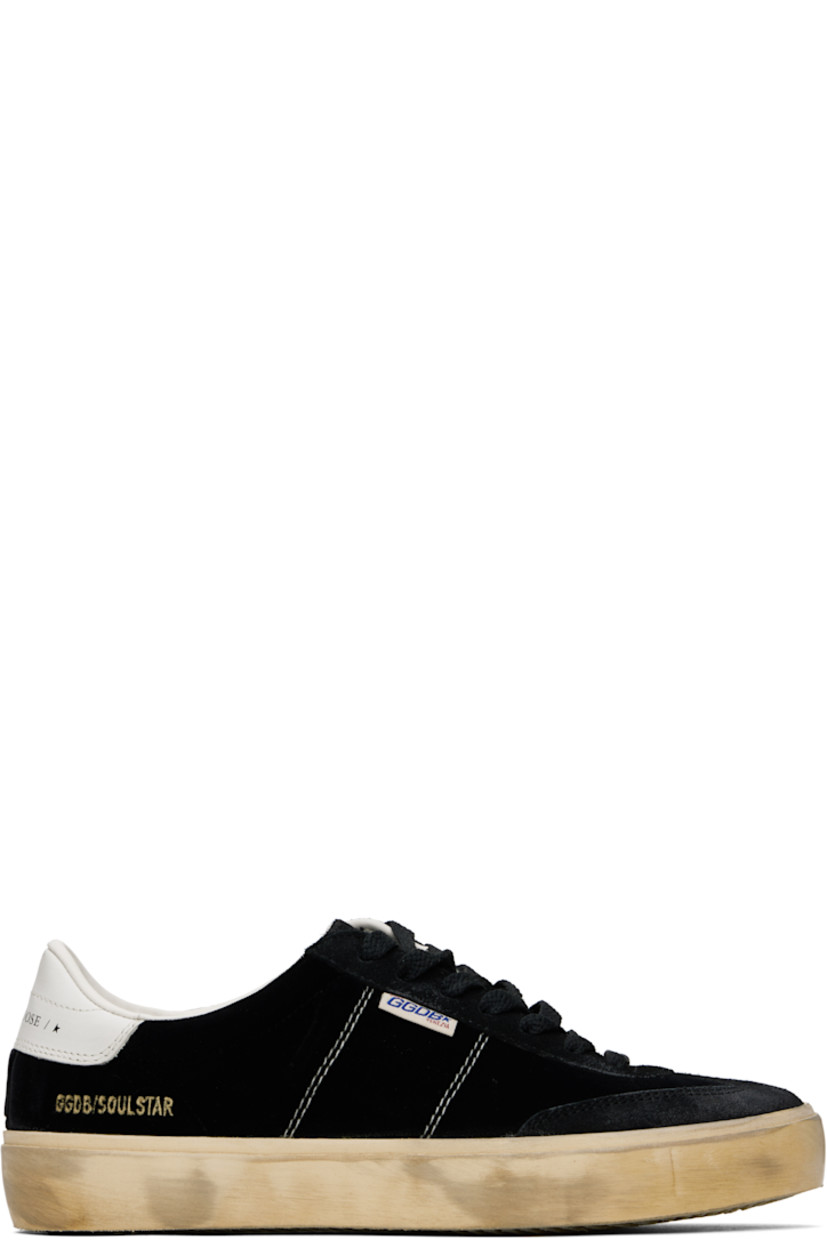 Handcrafted low-top suede and velvet sneakers in black. 

· Smudging and subtle distressing throughout
· Lace-up closure
· Logo embossed at padded tongue
· Padded collar
· Topstitched stripes at sides
· Logo flag and stamp at outer side
· Logo printed at buffed leather heel tab
· Buffed faux-leather and terrycloth lining
· Treaded rubber sole

Supplier color: Black