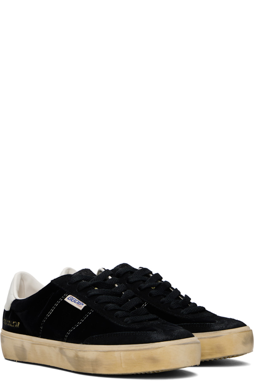 Handcrafted low-top suede and velvet sneakers in black. 

· Smudging and subtle distressing throughout
· Lace-up closure
· Logo embossed at padded tongue
· Padded collar
· Topstitched stripes at sides
· Logo flag and stamp at outer side
· Logo printed at buffed leather heel tab
· Buffed faux-leather and terrycloth lining
· Treaded rubber sole

Supplier color: Black