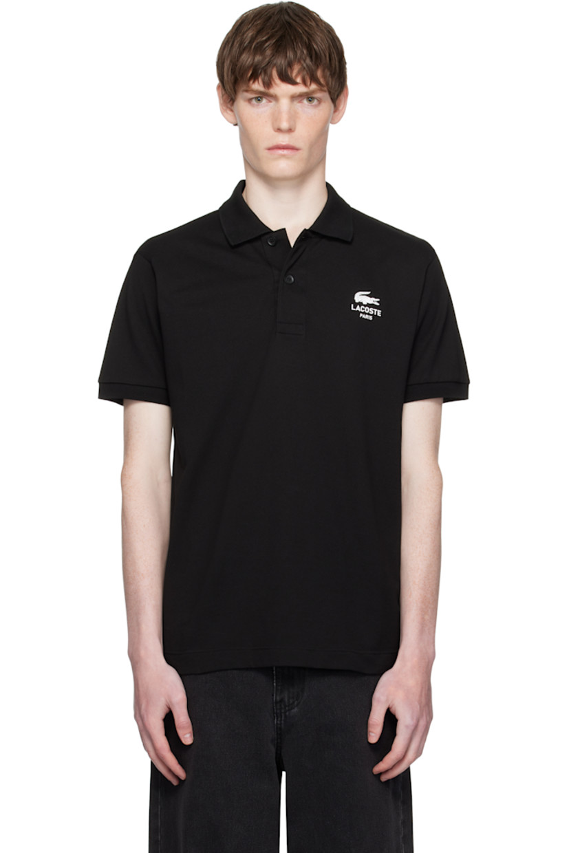 Cotton piqué polo.

· Rib-knit spread collar and cuffs
· Two-button placket
· Logo printed at chest
· Vented side seams
· Embroidered logo patch at back collar

Supplier color: Black