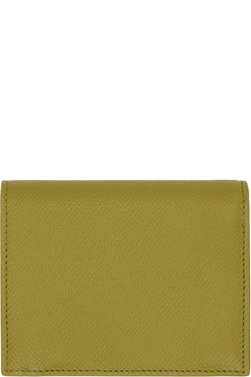Hammered calfskin bifold wallet. 

· Logo hardware at face
· Press-stud closure
· Four card slots and coin compartment at interior 
· One note slot and patch pocket 
· Calfskin interior
· Canvas lining
· H4.5" x W3.5" x D1"

Supplier color: Lemongrass